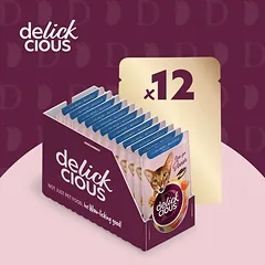 Delickcious™ gabaliukai padaže katėms – lašiša ir midijos (konservai)