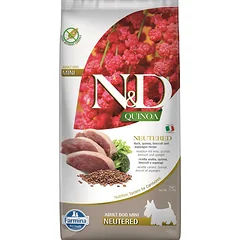 FARMINA N&D Quinoa Dog Neutere Adult Mini duck, broccoli & asparagus 7 kg antis, brokoliai ir šparagai šunims po kastracijos