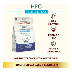 Almo Nature Cat HFC Our Best Sterilised su jūros ešeriu ir doradomis, sausas maistas katėms 0,3 kg — 2 nuotrauka