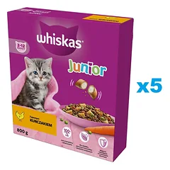 WHISKAS Junior 5x800 g sausas visavertis ėdalas kačiukams su gardžia vištiena