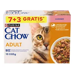 PURINA Cat Chow Adult kačių ėdalas su lašiša ir žaliosiomis pupelėmis želė 10x85g
