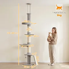 Draskyklė iki lubų 230–260 cm, 5 lygių, su 3 storais sizalio stulpais ir hamaku, katei iki 5 kg, šviesiai pilka — 3 nuotrauka