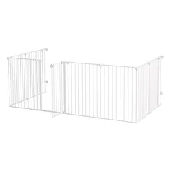 Šuniukų aptvaras ir apsauginė tvorelė 2 in 1, 8 skydeliai, fiksuojamos durelės, plienas, 90 cm aukščio, baltas