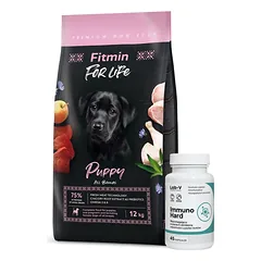 FITMIN DOG For Life Puppy 12kg + LAB-V Immuno Hard - imuniteto stiprinimas šunims ir katėms 45 kapsulės