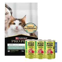 PRO PLAN LiveClear Maistas suaugusiems katėms po sterilizacijos, turtingas lašiša, 1,4 kg + WILD FARM Premium Grain Free Lamb and Tuna 3x400g - sterilizuotų kačių