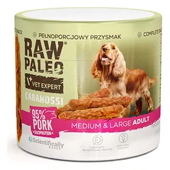 RAW PALEO Cabanossi Pork Medium Large 100g kiauliena, pusiau drėgna visavertė maisto produktas formoje dešrelių šunims