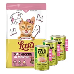 VERSELE-LAGA Lara Junior 1.9kg - Maistas kačiukams ir jaunoms katėms + WILD FARM Premium Grain Free Chicken and Salmon Junior 3x400g - kačiukų ėdalas be grūdų