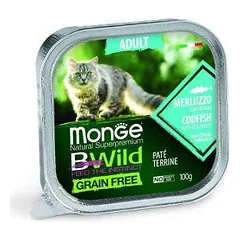 Monge BWILD Cat begrūdis drėgnas maistas katėms su menke ir daržovėmis, 100 g