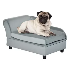 Sofa augintiniui su daiktų dėže ir minkšta pagalvėle, pliušinis užvalkalas, kietmedžio rėmas, iki 15 kg, 76 x 45 x 43 cm, šviesiai pilka