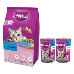 WHISKAS Adult 14kg - sausas kačių maistas su tunu ir daržovėmis + WHISKAS Adult skardinė 2x400g 