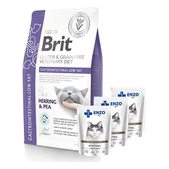 BRIT GF Veterinary Diets Cat Gastrointestinal-Low Fat 5kg + ENZO VET Žarnynas su ėriena padaže katėms 3x100g