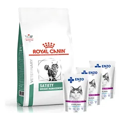 ROYAL CANIN Satiety Support Weight Management SAT34 1,5kg + ENZO VET Sterilizuota dieta sterilizuotoms katėms su kalakutiena želė 3x100g