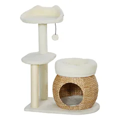 Draskyklė katėms su nameliu, dviem guoliais, žaidimų kamuoliuku ir platforma, 79 cm, kreminė balta