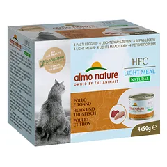 Almo Nature HFC Natural Light Meal Cat Mega Pack vištienos ir tuno drėgnas maistas suaugusioms katėms su vištiena ir tunu, 4×50 g