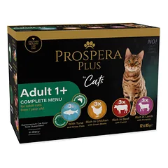 Prospera Plus Adult 1+ Mix visavertis šlapias maistas katėms su tunu, vištiena, jautiena ir ėriena, 12 x 85 g