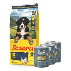 JOSERA Kids 12,5 kg + WILD FARM Superfood Chicken (Vištiena su moliūgais, obuoliais ir žolelėmis) 3x800 g pašaro šunims be grūdų
