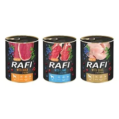 DOLINA NOTECI RAFI mix skoniai (antis, putpelės, ėriena) 36x400g šlapio šunų maisto