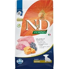 FARMINA N&D GF Pumpkin Lamb & Blueberry Puppy Mini 2,5 kg su ėriena ir mėlynėmis, ėdalas mažų veislių šuniukams + FARMINA N&D Pumpkin Dental Treat Chicken Pomegranate Mini 60 g (7 vnt.) DOVANŲ!