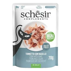 SCHESIR Complements Tunas su heku želatinoje, 70 g maišelis – papildomas šlapias maistas katėms