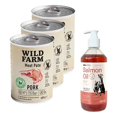 Wild Farm Pate Pork 3x400g pašaro šunims be glitimo + LAB V Lašišų aliejus šunims ir katėms 500ml