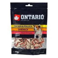 Ontario Chicken Jerky Sandwich minkštas skanėstas suaugusiems šunims su vištienos ir menkės mėsa, 70 g
