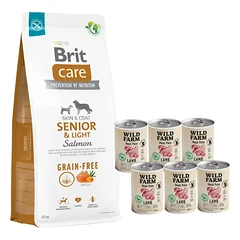 BRIT CARE Dog Grain-free Senior & Light Salmon 12kg + Wild Farm Pate Lamb 6x400g ėrienos ėdalas šunims be glitimo