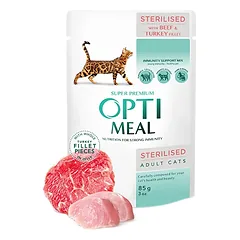 Optimeal™ VISAVERTIS KONSERVUOTAS PAŠARAS STERILIZUOTOMS KATĖMS IR KASTRUOTIEMS KATINAMS SU JAUTIENA IR KALAKUTIENOS FILĖ DREBUČIUOSE 0,85g.