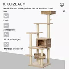 Kačių draskyklė su rotango nameliu, kelių aukštų, E1 MDF, sizalis, 55 x 55 x 174 cm, smėlio ir rudos spalvos — 4 nuotrauka