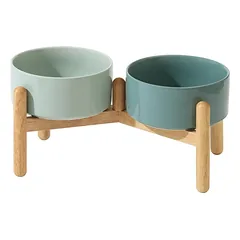 Xingmi Ceramics gyvūnų augintinių dubenėlis, keraminis, dvigubas su stovu, kreminis ir  tamsiai žalsvas, 2 x 1,8 l, 39x24 cm — 3 nuotrauka