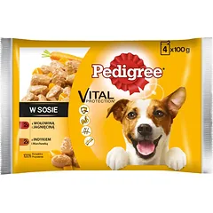 PEDIGREE Adult paketėlis 4x100g - drėgnas šunų maistas su padažu (su jautiena ir ėriena, su kalakutiena ir morkomis)