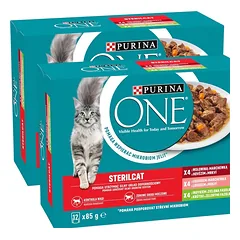 PURINA ONE Sterilcat 24x85g su jautiena ir morkomis, su lašiša ir morkomis, su kalakutiena ir žaliosiomis pupelėmis, drėgnas maistas katėms po sterilizacijos