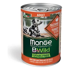 Monge BWILD Dog Adult Chunkies Grain Free Konservuotas maistas šunims (gabalėliai padaže) (su kalakutiena, moliūgais ir cukinijomis) 400g