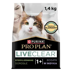 PRO PLAN LiveClear Maistas suaugusiems katėms po sterilizacijos, turtingas kalakutiena, 1,4 kg