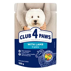 CLUB 4 PAWS Premium konservuotas pašaras m. veislių suaugusiems šunims su ėriena padaže, 100 g