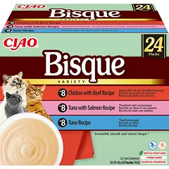 INABA Cat Ciao Bisque - papildomas maistas katėms kreminė sriuba su vištiena, jautiena, tunu ir lašiša 24x40g