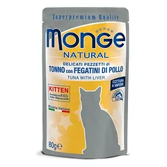 Monge Natural KITTEN Wet Cat Pouches Tuna Flakes with chicken liver in jelly konservai kačiukams 80g