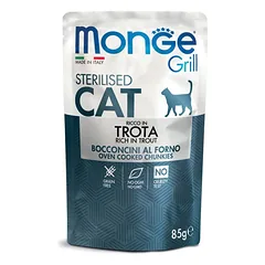 Monge Grill Sterilised konservuotas pašaras sterilizuotoms katėms su upėtakiu 85g