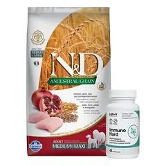 Farmina N&D Ancestral Grain canine CHICKEN & POMEGRANATE ADULT MEDIUM&MAXI 12kg + LAB-V Immuno Hard - imuniteto stiprinimas šunims ir katėms 45 kapsulės