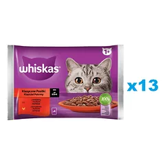 WHISKAS Adult paketėlis 52x85g "Classic Meals" drėgnas maistas suaugusioms katėms su jautienos, vištienos padažu