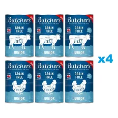 BUTCHER'S Original Junior Mixed flavours 24x400g gabalėliai su jautiena ir vištiena drebučiuose šuniukams