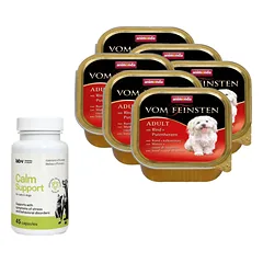 ANIMONDA Dog Vom Feinsten Adult skonis: jautienos ir kalakutienos širdelės 6x150g + LAB-V Calm Support - streso ir elgesio sutrikimų simptomų palaikymas 45 kapsulės