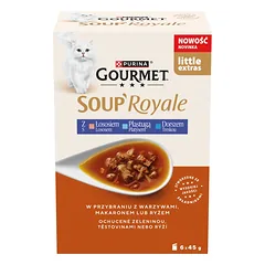 Gourmet Soup Royale suaugusių kačių maistas su lašiša, plekšne ir menke 6 x 45 g