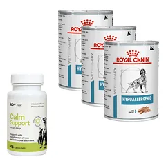 ROYAL CANIN Hypoallergenic DR21 3x400g skardinė + LAB-V Calm Support - streso ir elgesio sutrikimų simptomų palaikymas 45 kapsulės