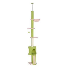 Draskyklė iki lubų 220–240 cm su nameliu, hamaku ir gėlių formos platformomis, 1–2 katėms iki 5 kg, žalia