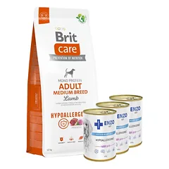 BRIT CARE Dog Hypoallergenic Adult Medium Breed Lamb 12kg + ENZO VET Hipoalerginė dieta su triušiena šunims 3x400g