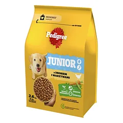 PEDIGREE Junior 2,6 kg su naminiais paukščiais ir daržovėmis dideliems ir vidutinio dydžio šunims auginti.