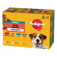 PEDIGREE Adult 12x100g drėgnas visavertis ėdalas suaugusiems šunims su jautienos ir kepenėlių mišiniu, vištiena, žuvimi, paukštiena drebučiuose.