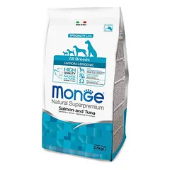 Monge ALL BREEDS Hypoallergenic lašiša ir tunas sausas maistas visų veislių suaugusiems šunims, 12 kg