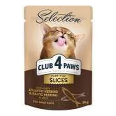 CLUB 4 PAWS Premium Plus Visavertis konservuotas ėdalas suaugusioms katėms su silke ir strimelėmis drebučiuose, 80 g