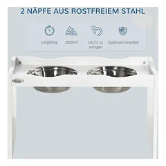 Pakeltas dubenėlių stovas su 2 nerūdijančio plieno dubenėliais po 2 l, dideliems šunims, 63x30x38 cm, baltas — 5 nuotrauka